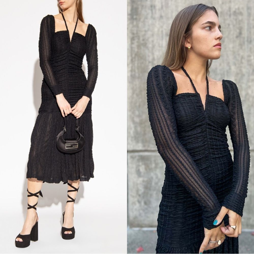 Ganni Midi Black Dress Ruched Stretch-Cloqué Size 10